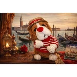 Vintage Animated Plush Dog Gondolier Straw Hat Red Stripe Shirt TL Toys Works